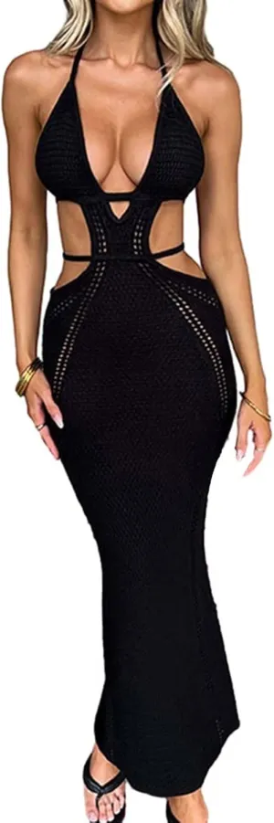 Ryehack Women's Halter Crochet Maxi Dress - Summer Sleeveless Backless V-Neck Hollow Out Beach Vacation Dress