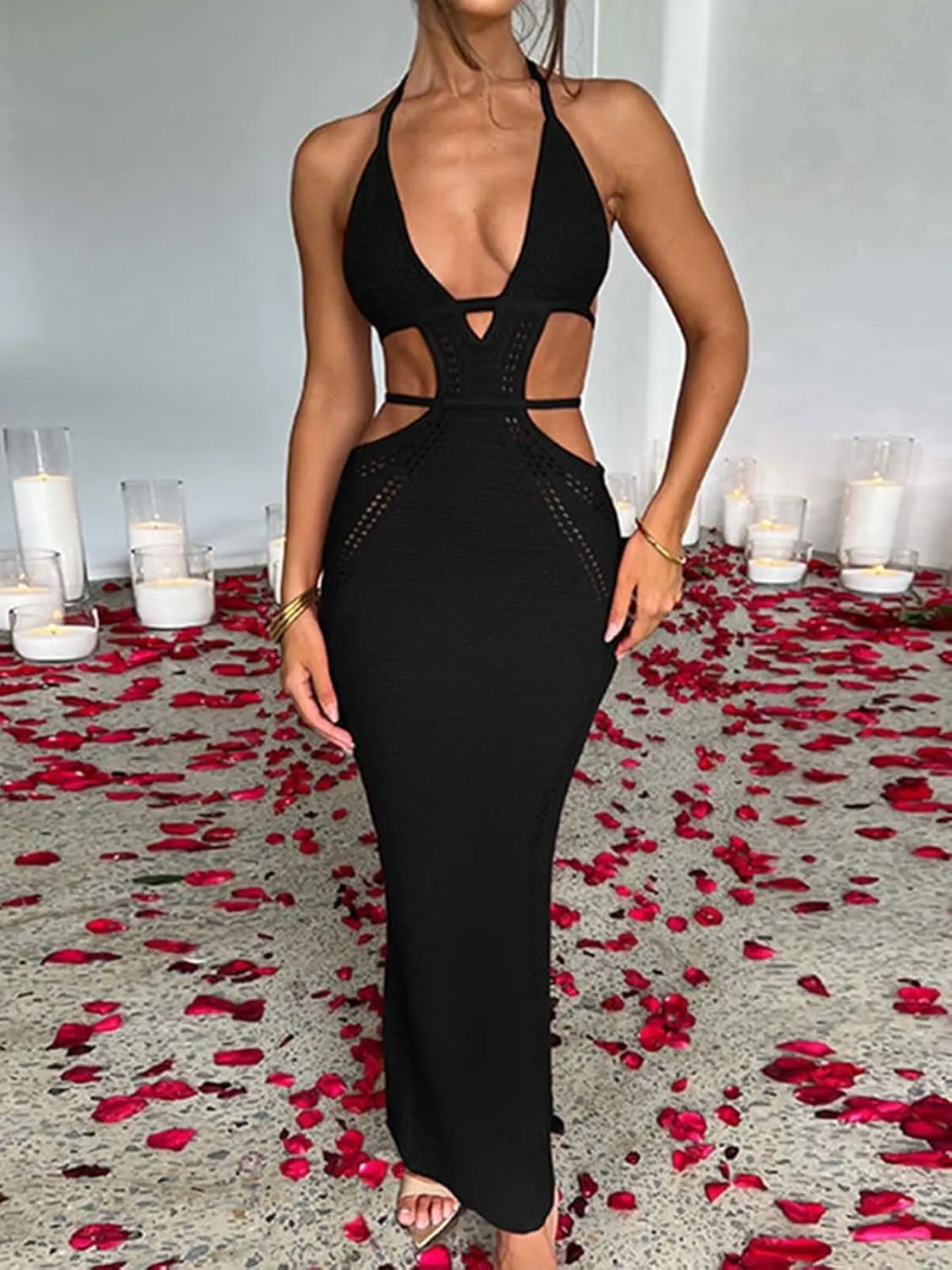 Ryehack Women's Halter Crochet Maxi Dress - Summer Sleeveless Backless V-Neck Hollow Out Beach Vacation Dress