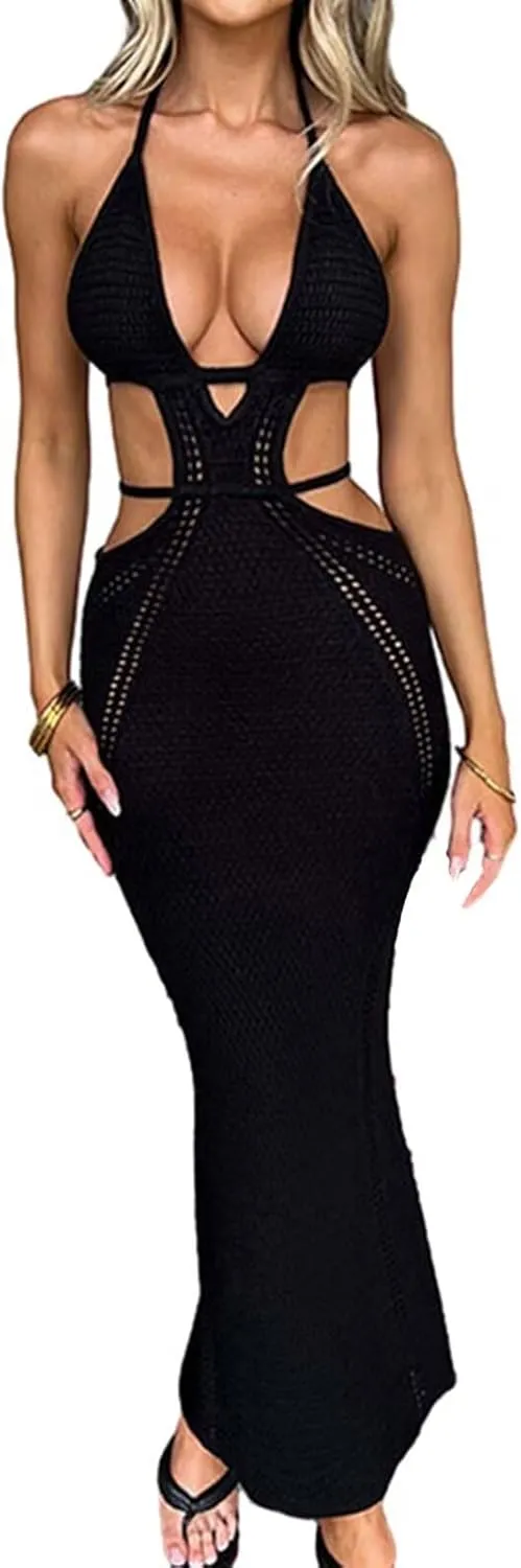Ryehack Women's Halter Crochet Maxi Dress - Summer Sleeveless Backless V-Neck Hollow Out Beach Vacation Dress