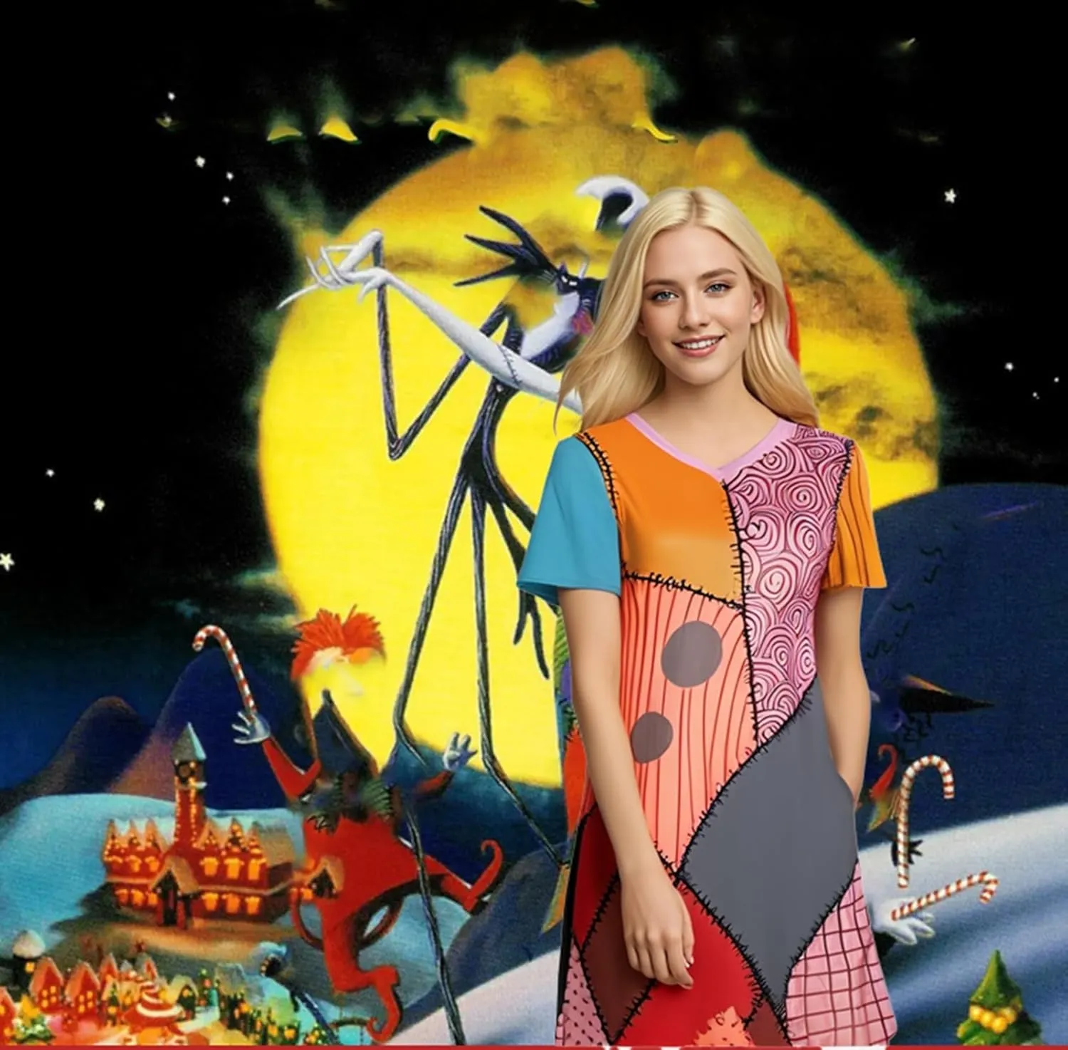 Sally Dress Costume Cosplay Halloween Short Sleeve Dresses Christmas Party Dress for Adult