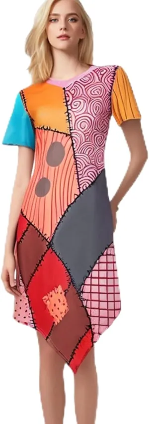 Sally Dress Costume Cosplay Halloween Short Sleeve Dresses Christmas Party Dress for Adult