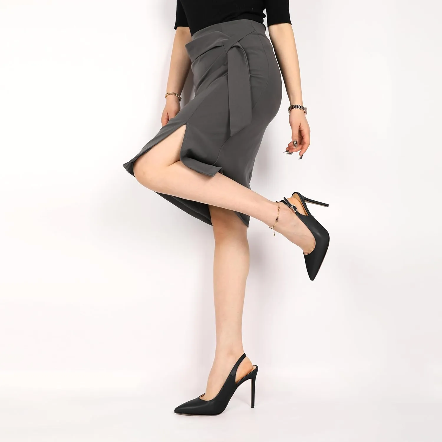 SAMMITOP Women's Slingback Pumps High Heel Pointed Toe Ankle Strap Office Party Dress Shoes 4 Inch