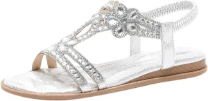 Sandals for Women 2025 Wide Width Sparkly Rhinestone Ankle Strap Dressy Flat Slides Ladies Summer Shoes