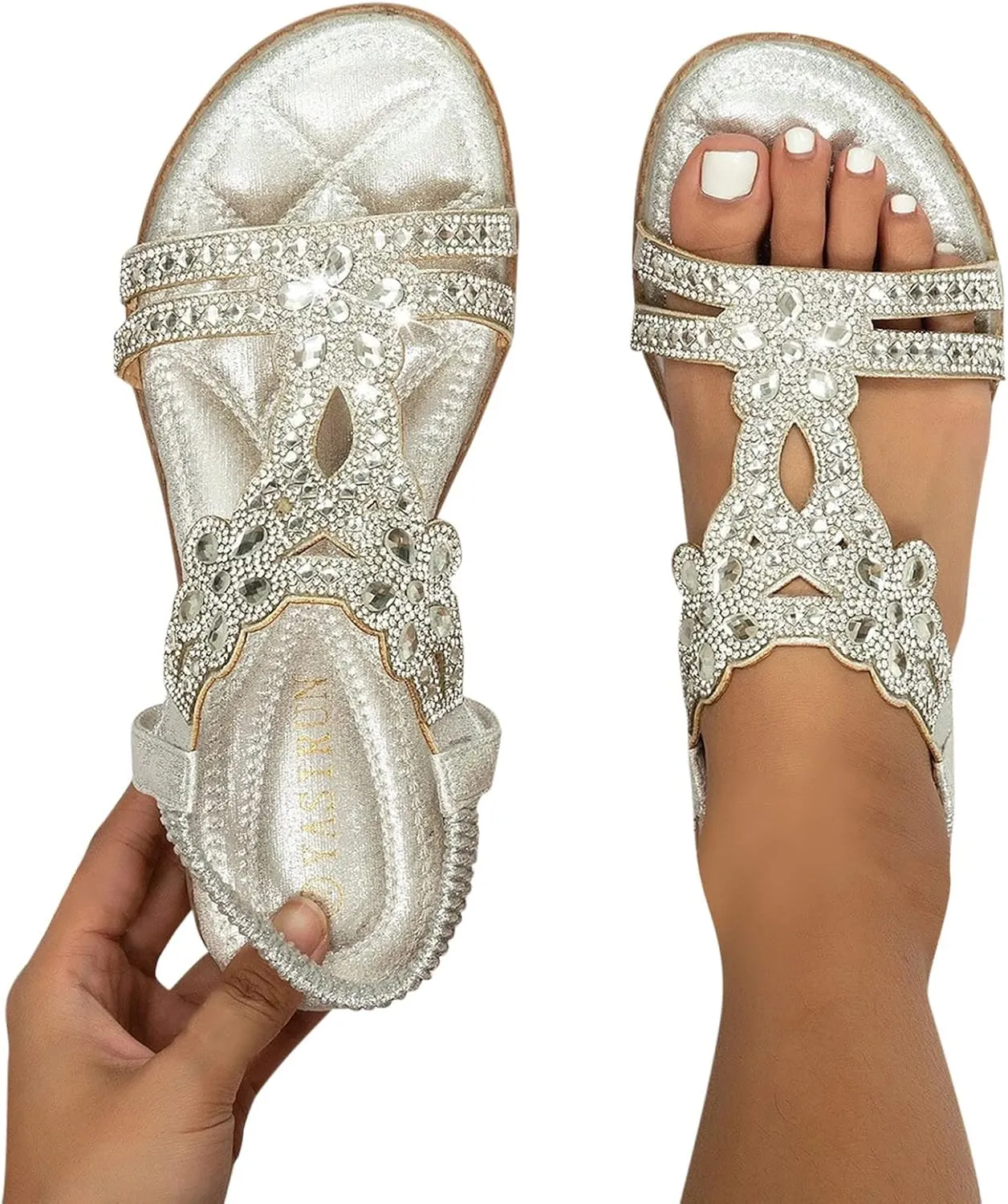 Sandals for Women 2025 Wide Width Sparkly Rhinestone Ankle Strap Dressy Flat Slides Ladies Summer Shoes