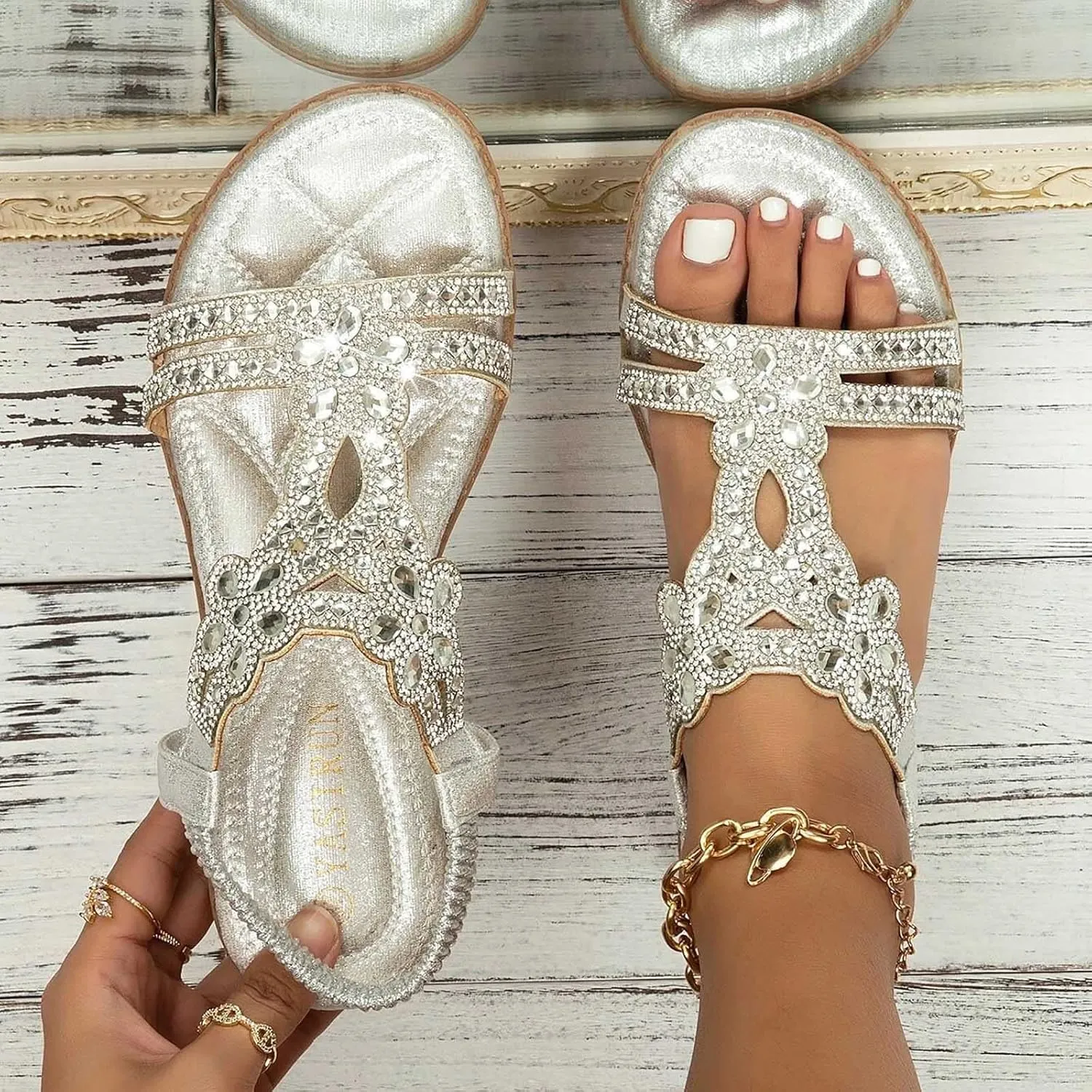 Sandals for Women 2025 Wide Width Sparkly Rhinestone Ankle Strap Dressy Flat Slides Ladies Summer Shoes