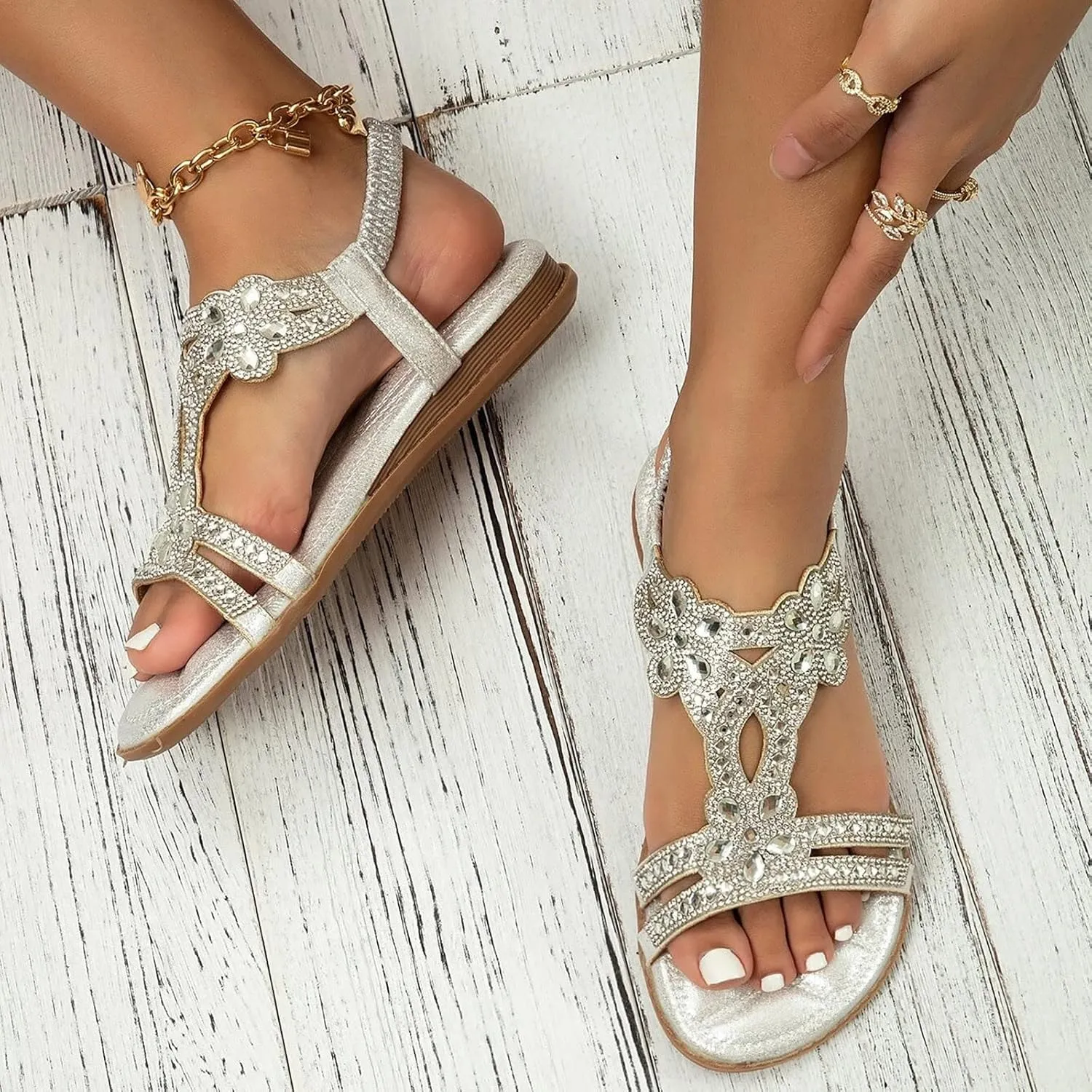 Sandals for Women 2025 Wide Width Sparkly Rhinestone Ankle Strap Dressy Flat Slides Ladies Summer Shoes