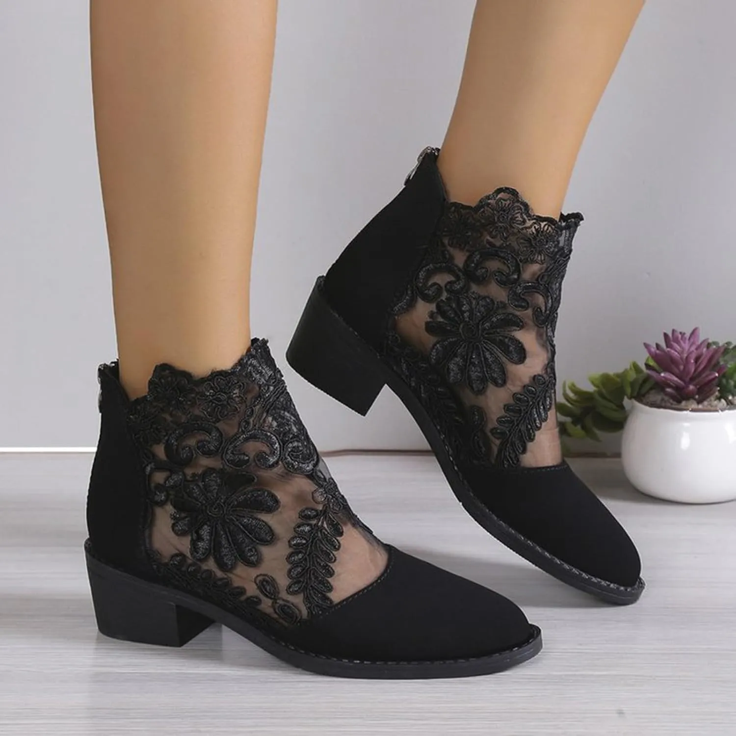 Sandals Women Lace Floral Chunky Heel Back Zipper Roman Sandals Pointed Toe Casual Summer Outdoor Womens Sandals