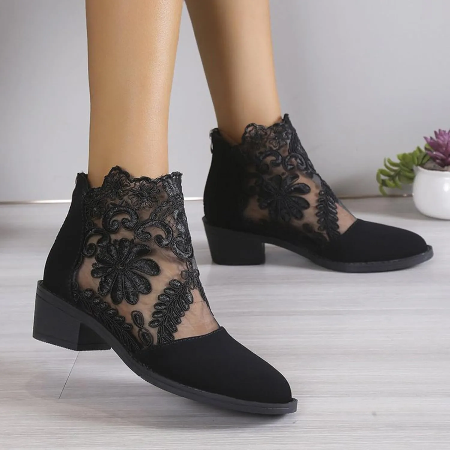 Sandals Women Lace Floral Chunky Heel Back Zipper Roman Sandals Pointed Toe Casual Summer Outdoor Womens Sandals