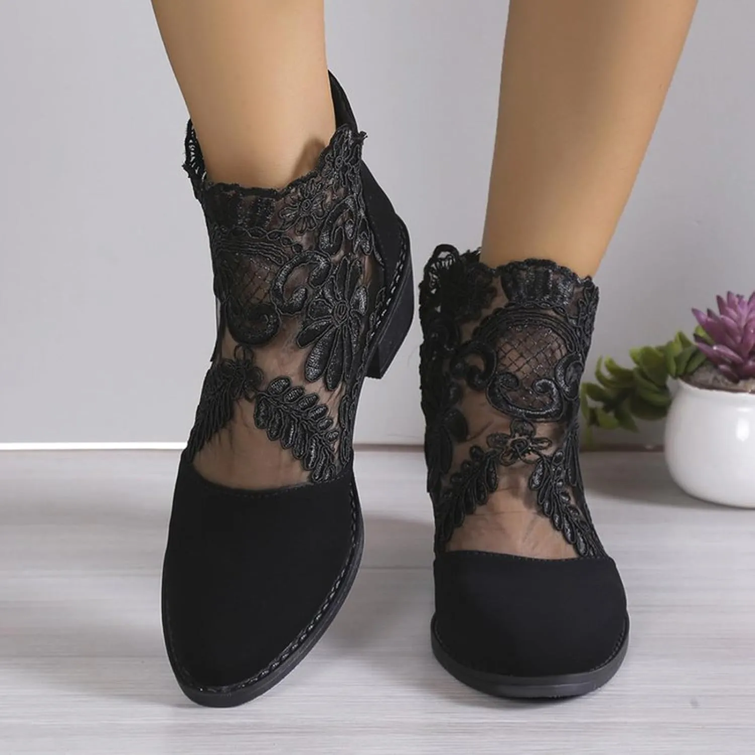 Sandals Women Lace Floral Chunky Heel Back Zipper Roman Sandals Pointed Toe Casual Summer Outdoor Womens Sandals