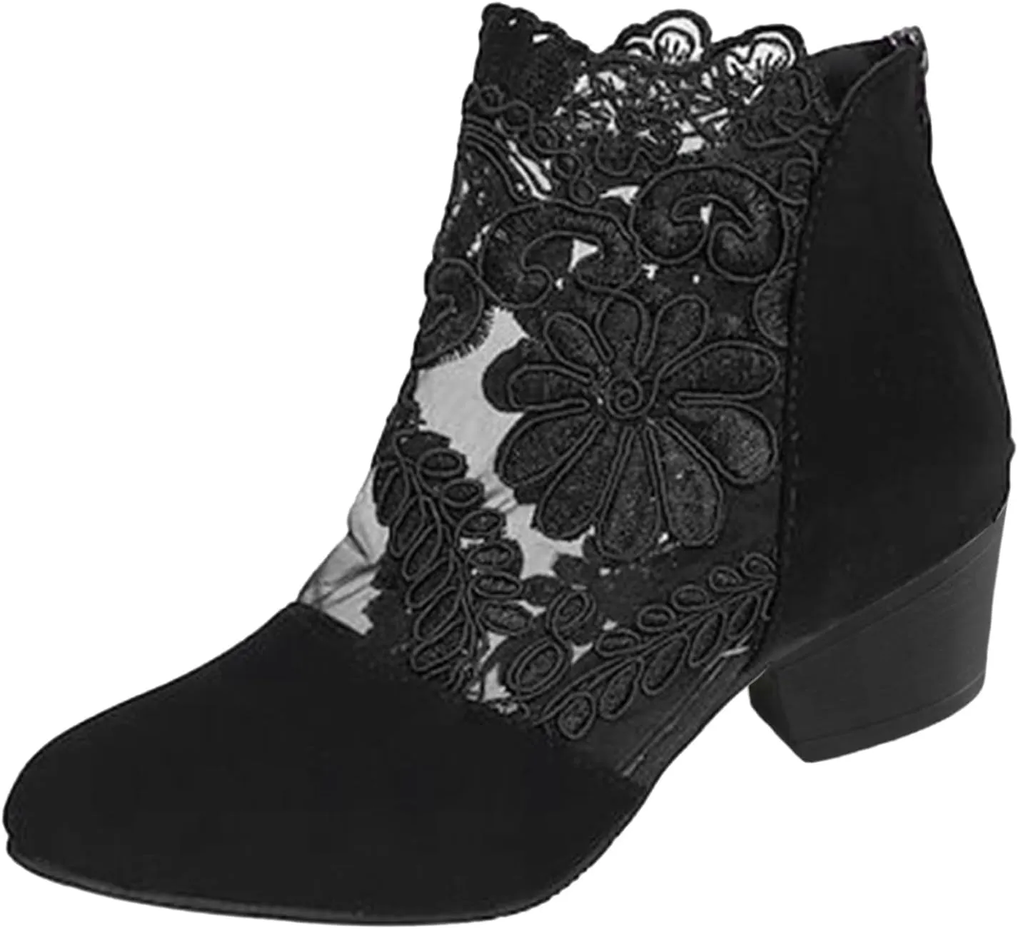 Sandals Women Lace Floral Chunky Heel Back Zipper Roman Sandals Pointed Toe Casual Summer Outdoor Womens Sandals