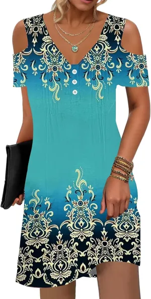 SAUKOLE Women’s Summer Dresses Casual Cold Shoulder Sleeve Dress V Neck Pleated Front Sundress with Button