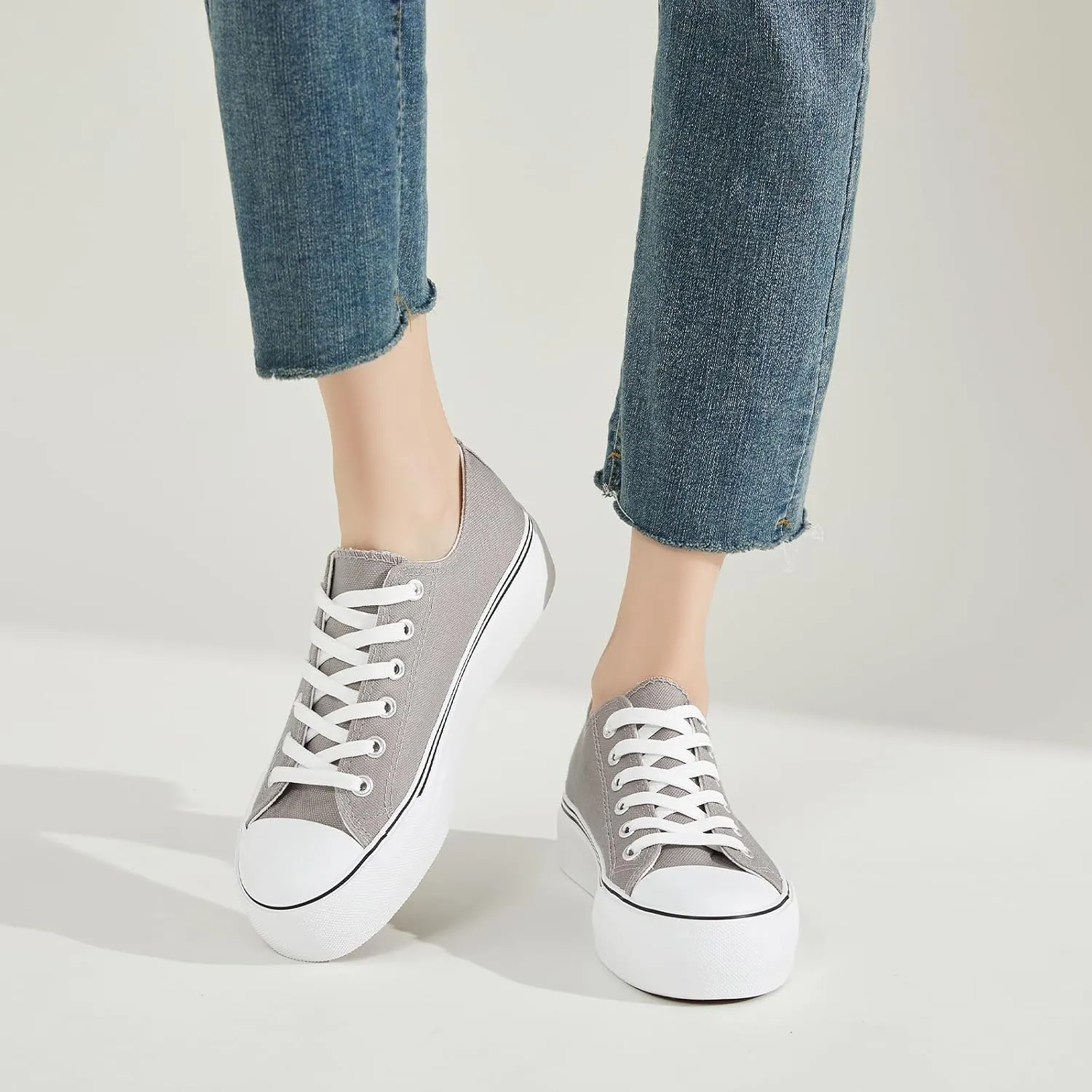 SERNIAL Womens White Platform Sneakers Low Top Platform Shoes Black Canvas Shoes for Women