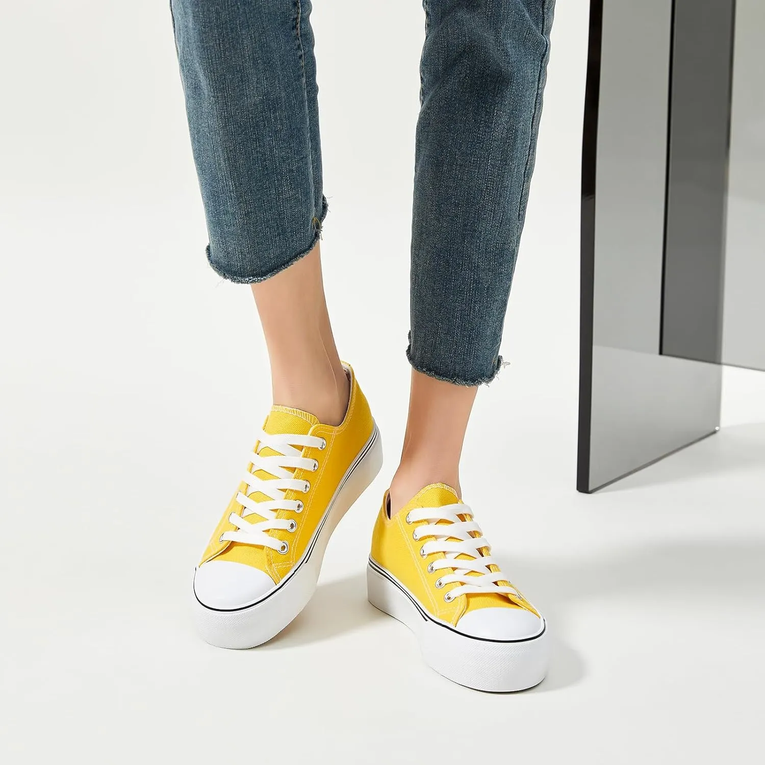 SERNIAL Womens White Platform Sneakers Low Top Platform Shoes Black Canvas Shoes for Women