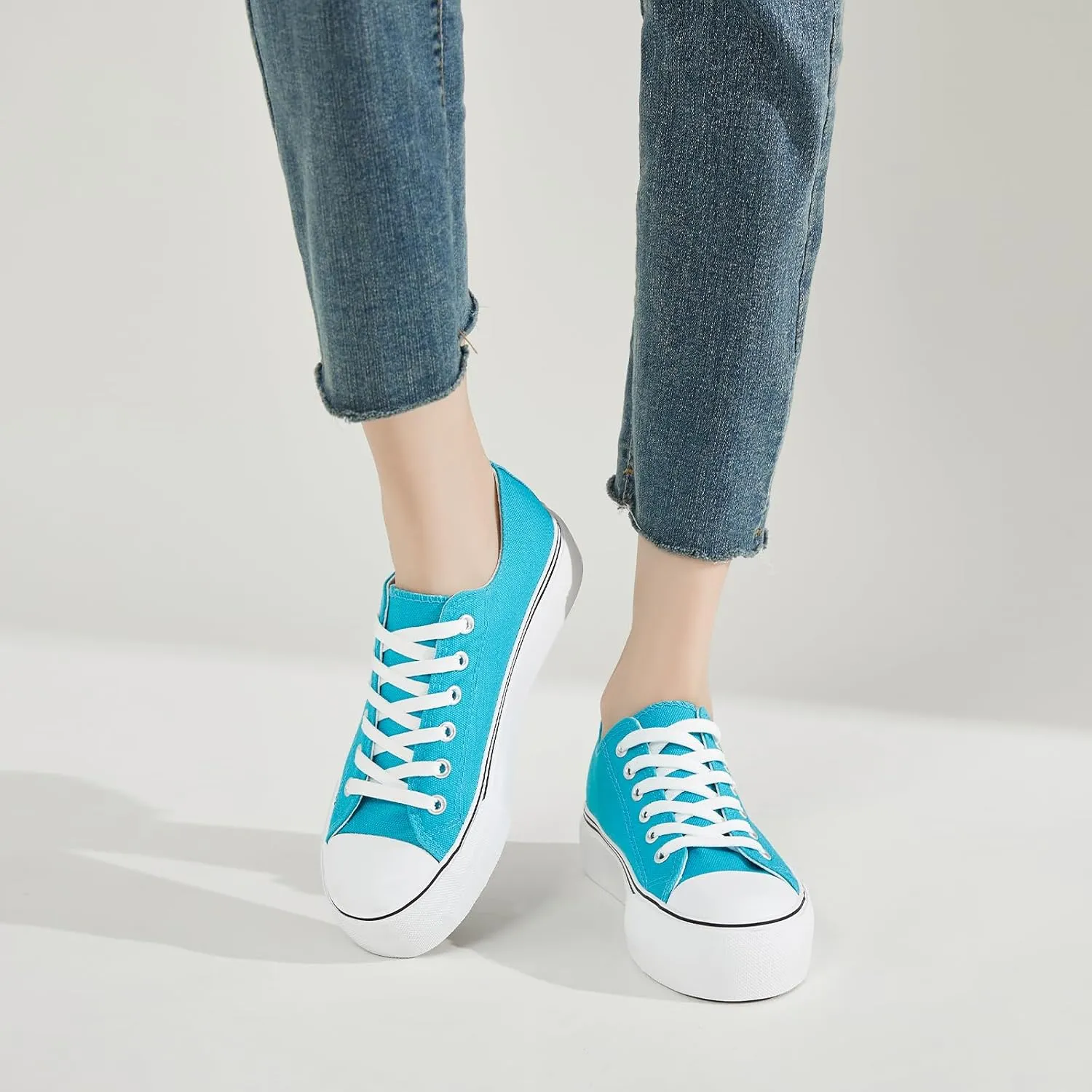 SERNIAL Womens White Platform Sneakers Low Top Platform Shoes Black Canvas Shoes for Women