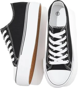 SERNIAL Womens White Platform Sneakers Low Top Platform Shoes Black Canvas Shoes for Women