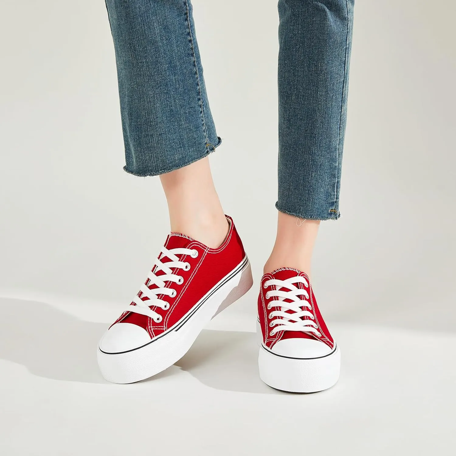 SERNIAL Womens White Platform Sneakers Low Top Platform Shoes Black Canvas Shoes for Women