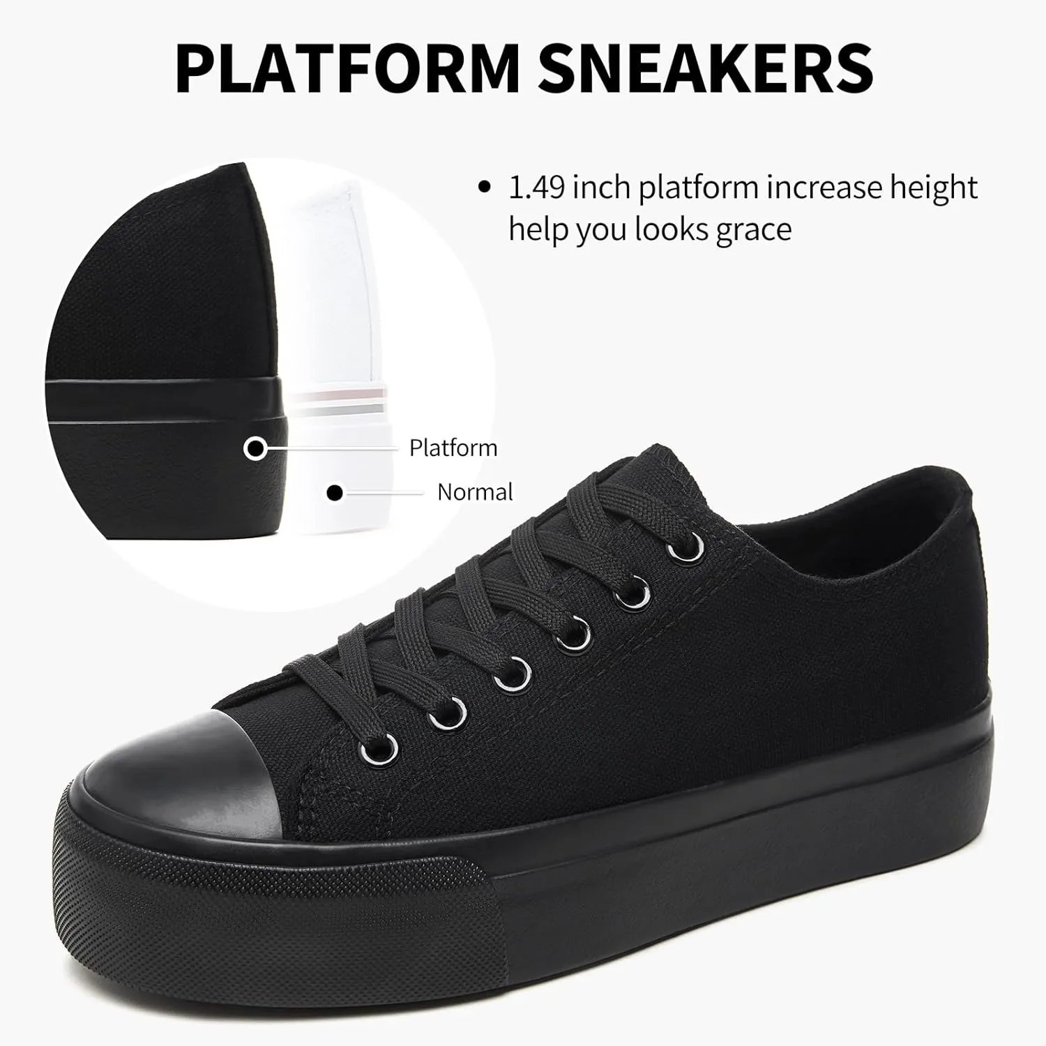SERNIAL Womens White Platform Sneakers Low Top Platform Shoes Black Canvas Shoes for Women