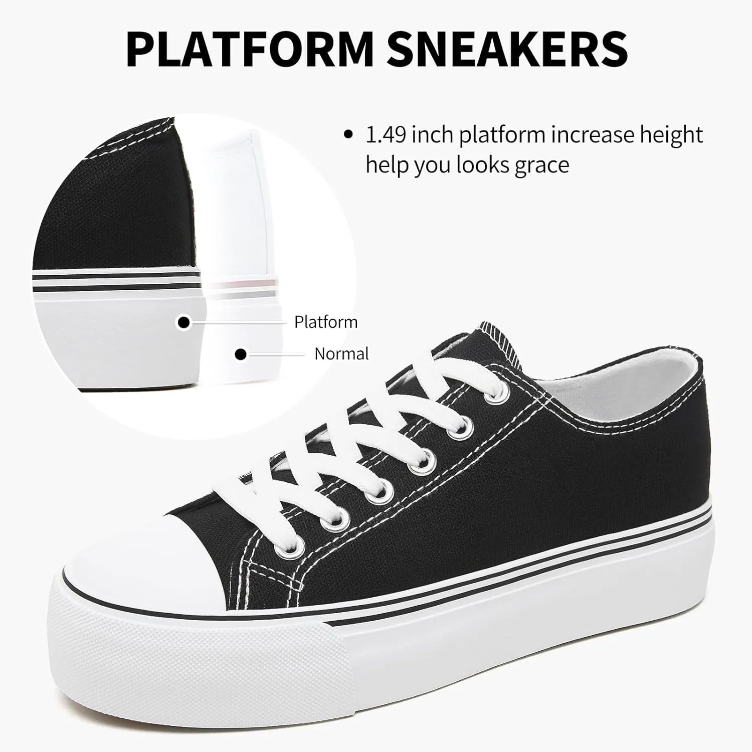 SERNIAL Womens White Platform Sneakers Low Top Platform Shoes Black Canvas Shoes for Women