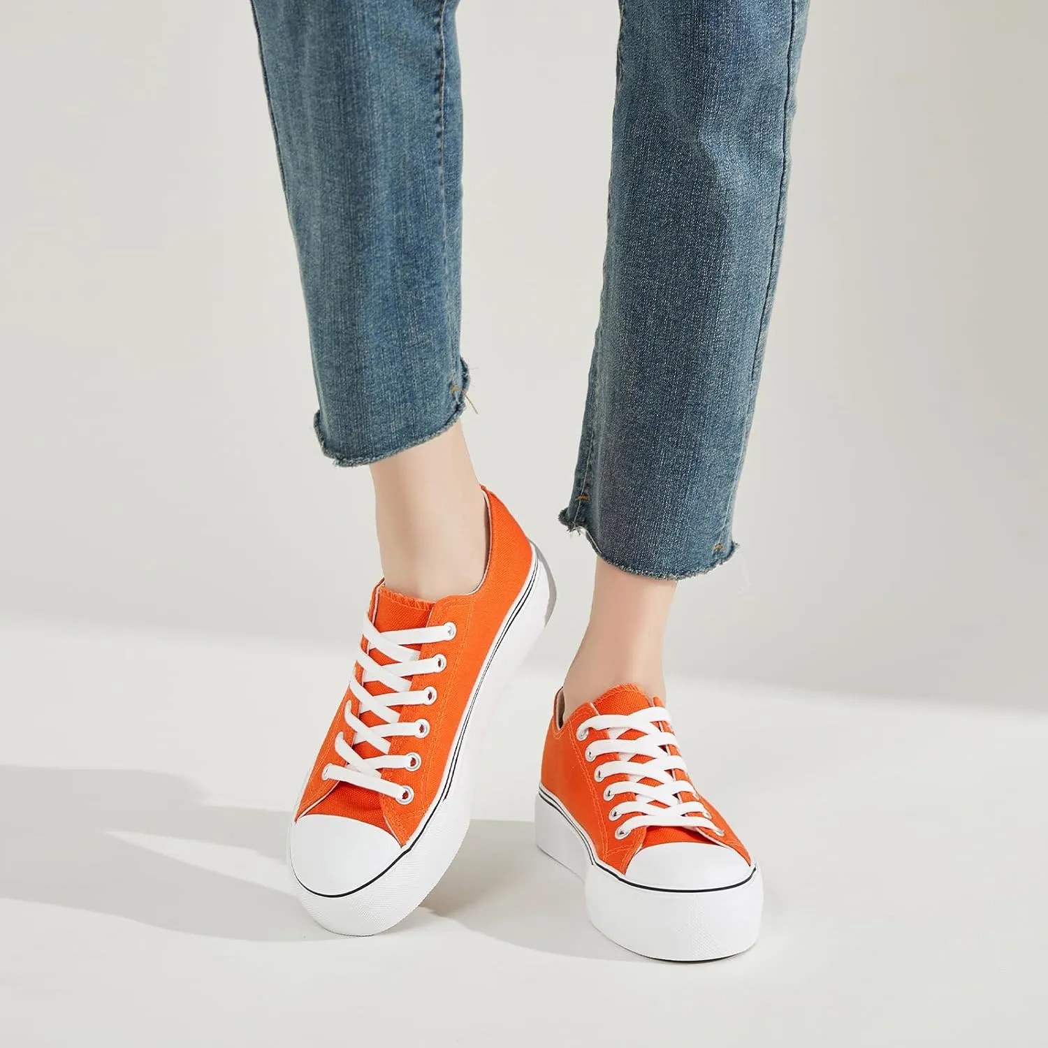 SERNIAL Womens White Platform Sneakers Low Top Platform Shoes Black Canvas Shoes for Women