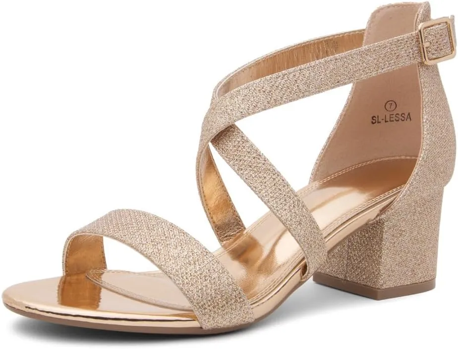 Shoe Land SL-LESSA Women's Low Heels Open Toe Dress Heeled Sandals Cross Ankle Strap Chunky Block Short Heel Pumps Shoes for Office Prom Wedding Party