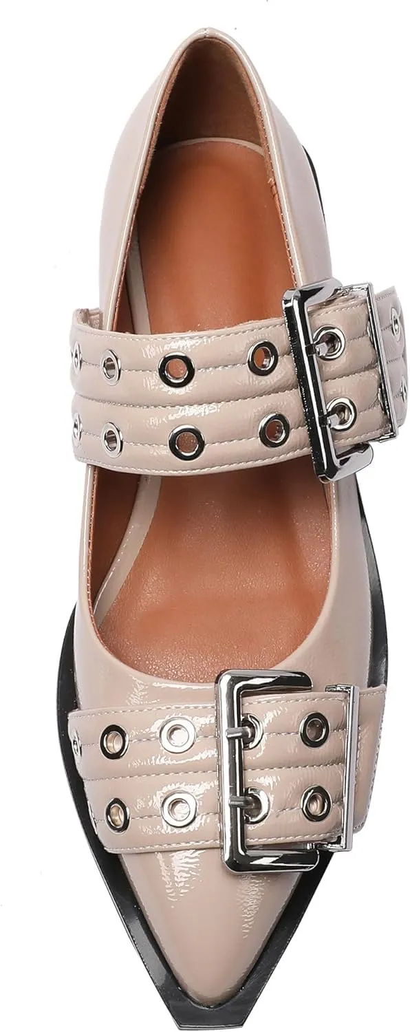 Slingback Flats Cloud Shoes for Women,Ballerinas Buckle Ballet Flats for Women，Pointed Toe Wide Welt Squared Block Heel Dress Shoes