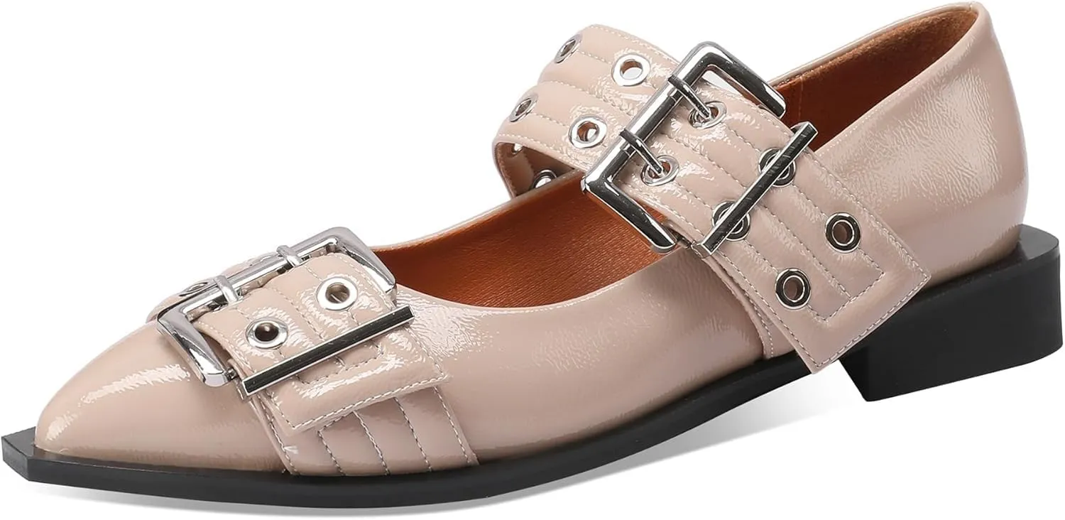 Slingback Flats Cloud Shoes for Women,Ballerinas Buckle Ballet Flats for Women，Pointed Toe Wide Welt Squared Block Heel Dress Shoes