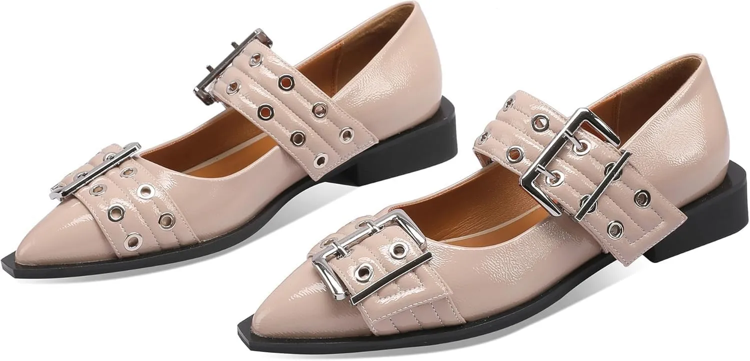 Slingback Flats Cloud Shoes for Women,Ballerinas Buckle Ballet Flats for Women，Pointed Toe Wide Welt Squared Block Heel Dress Shoes