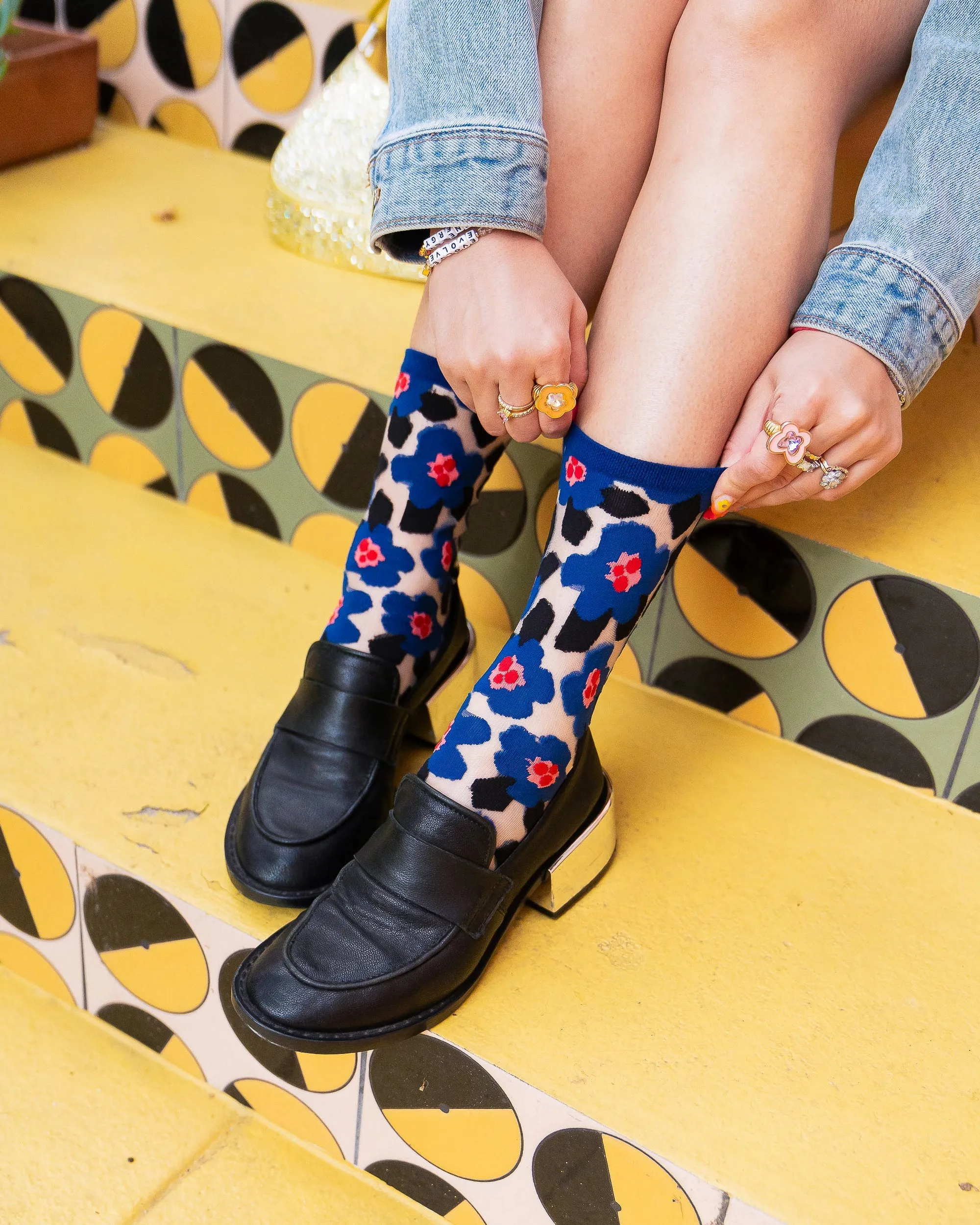 SOCK CANDY "BOLD BLUE FLORAL" SHEER SOCKS
