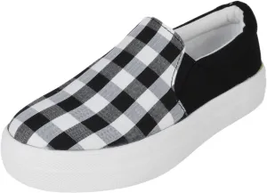Soda Flat Women Shoes Slip On Loafers Casual Sneakers Memory Foam Insoles Hidden Platform/Flatform Round Toe Hike-G White Black Plaid 5.5