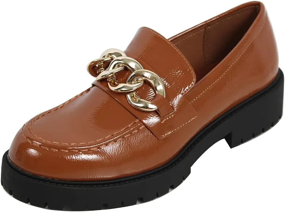 Soda Women's Chain Faux Leather Lug Platform Block Heel Loafers