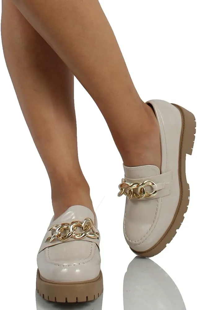 Soda Women's Chain Faux Leather Lug Platform Block Heel Loafers