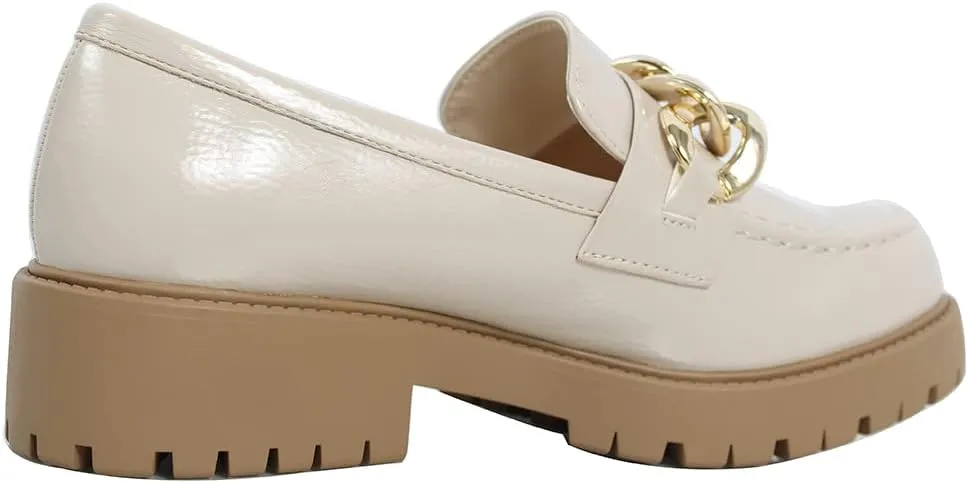 Soda Women's Chain Faux Leather Lug Platform Block Heel Loafers