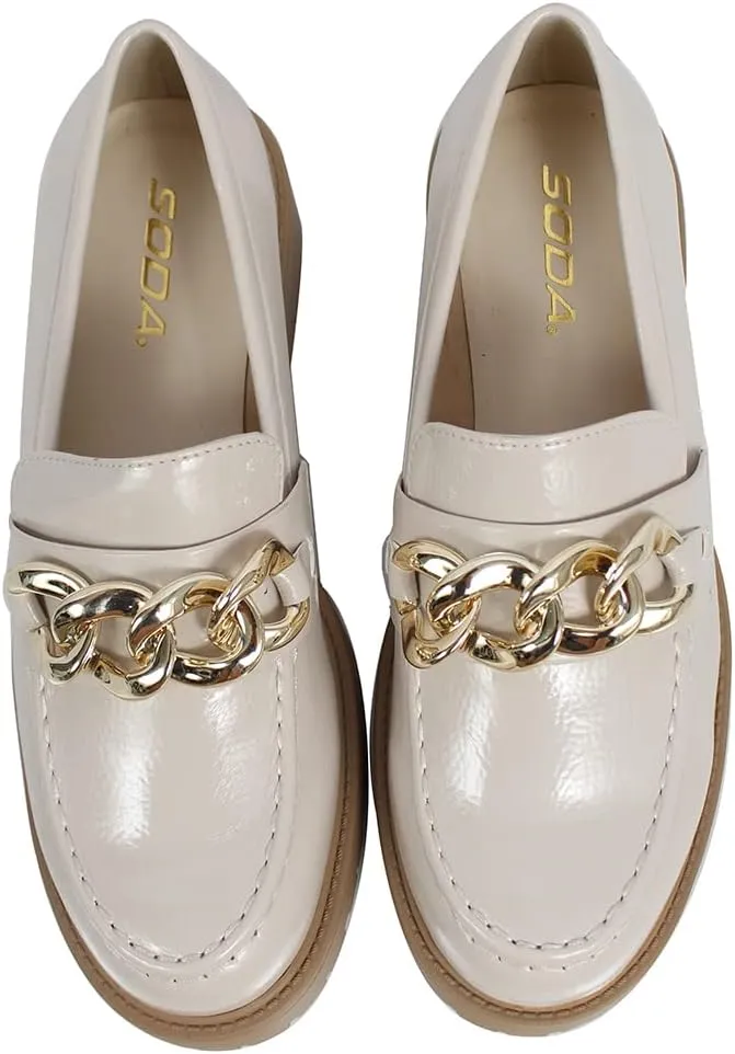 Soda Women's Chain Faux Leather Lug Platform Block Heel Loafers