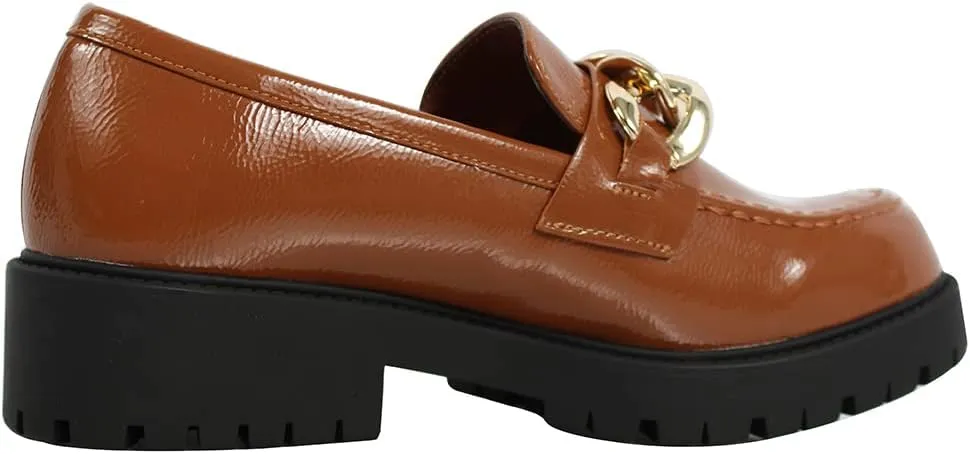 Soda Women's Chain Faux Leather Lug Platform Block Heel Loafers