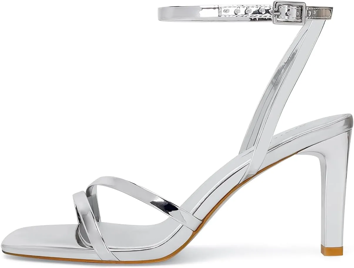 SOVANYOU Heeled Sandals for Women Dressy Square Open Toe Strappy High Heels with Ankle Strap for Wedding Party Daily Wear