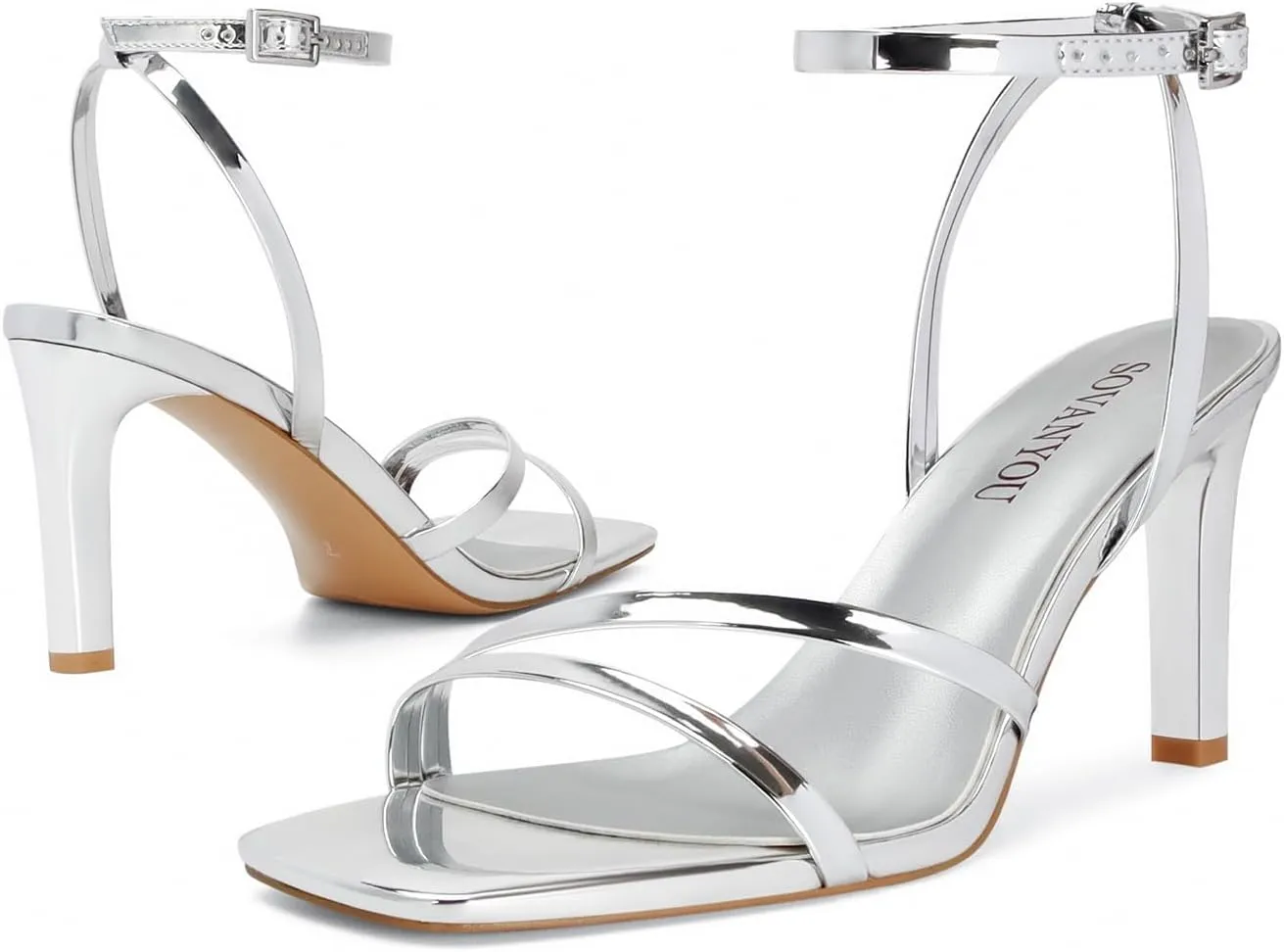 SOVANYOU Heeled Sandals for Women Dressy Square Open Toe Strappy High Heels with Ankle Strap for Wedding Party Daily Wear