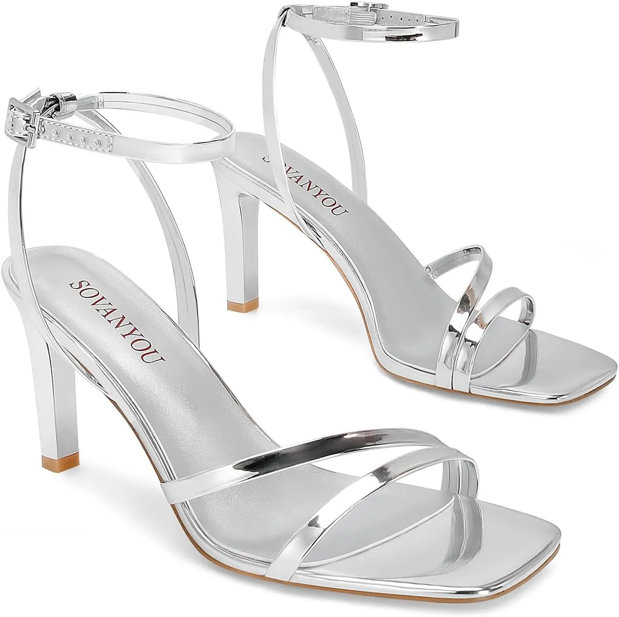 SOVANYOU Heeled Sandals for Women Dressy Square Open Toe Strappy High Heels with Ankle Strap for Wedding Party Daily Wear