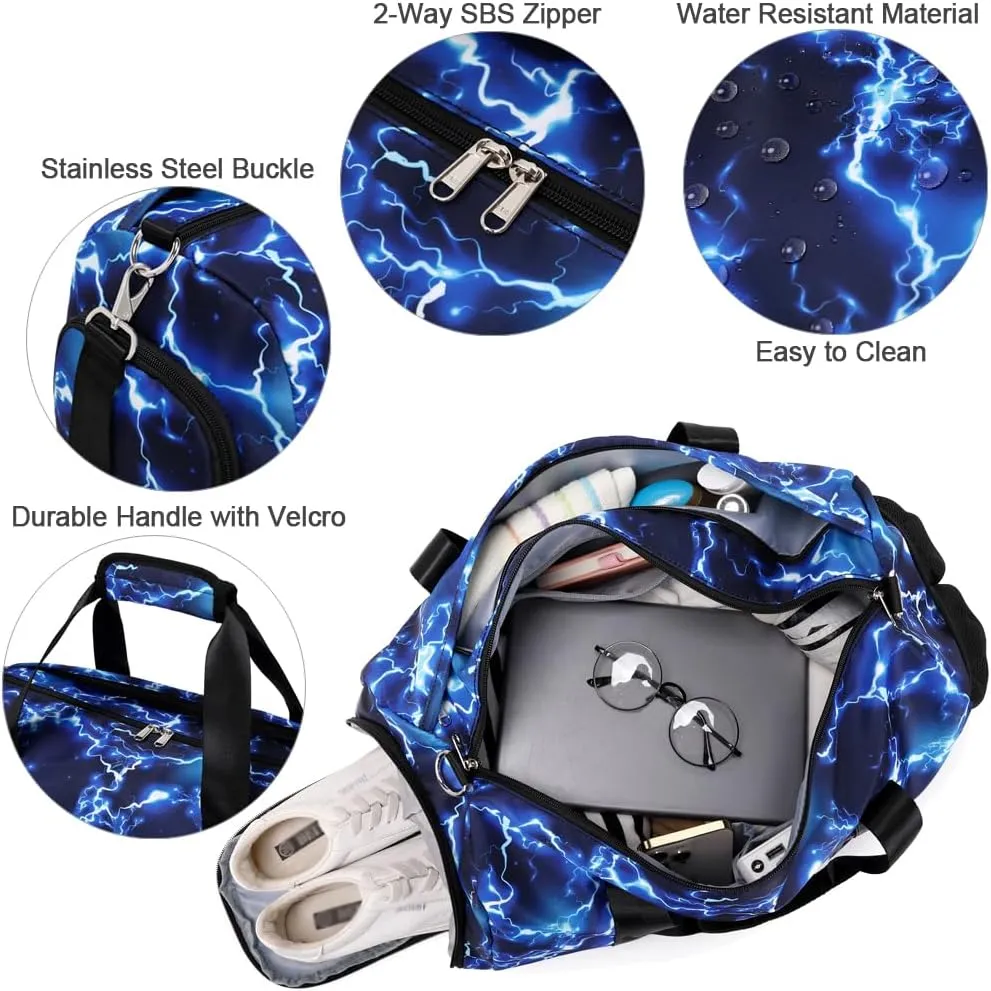 Sports Duffle Bag for Boys Gymnastic Dance Bags with Wet Pocket Shoes Compartment Lightning Travel Duffel for Boys