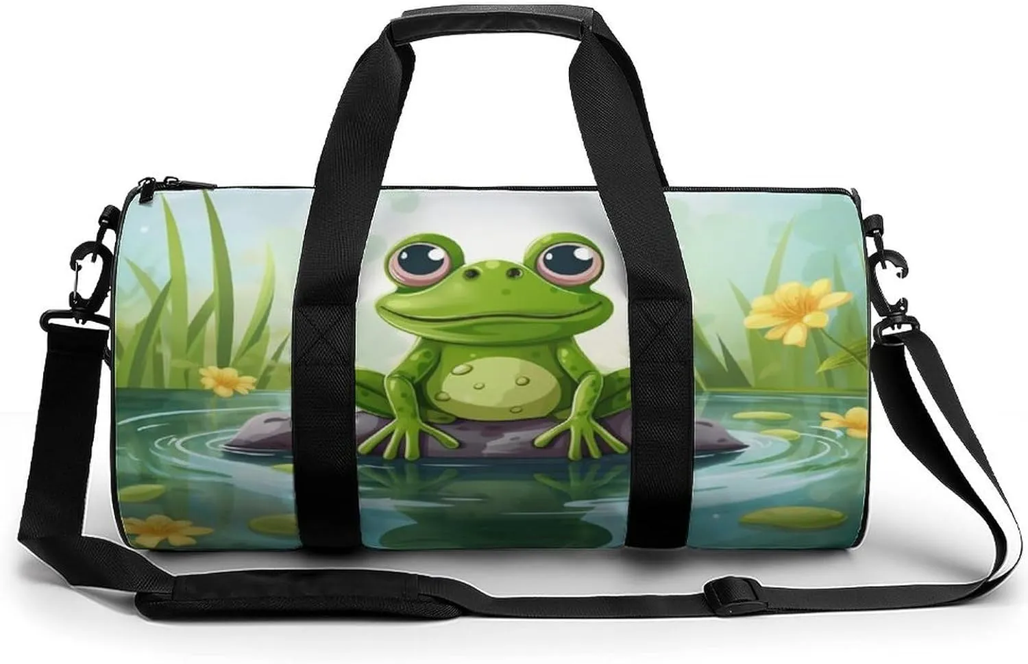Sports Gym Bag for Men Women Frog In A Pond Travel Gym Bag Cylindrical Workout Bag Lightweight Travel Duffle Bag for Basketball Football Weekender