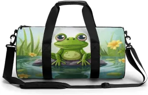 Sports Gym Bag for Men Women Frog In A Pond Travel Gym Bag Cylindrical Workout Bag Lightweight Travel Duffle Bag for Basketball Football Weekender