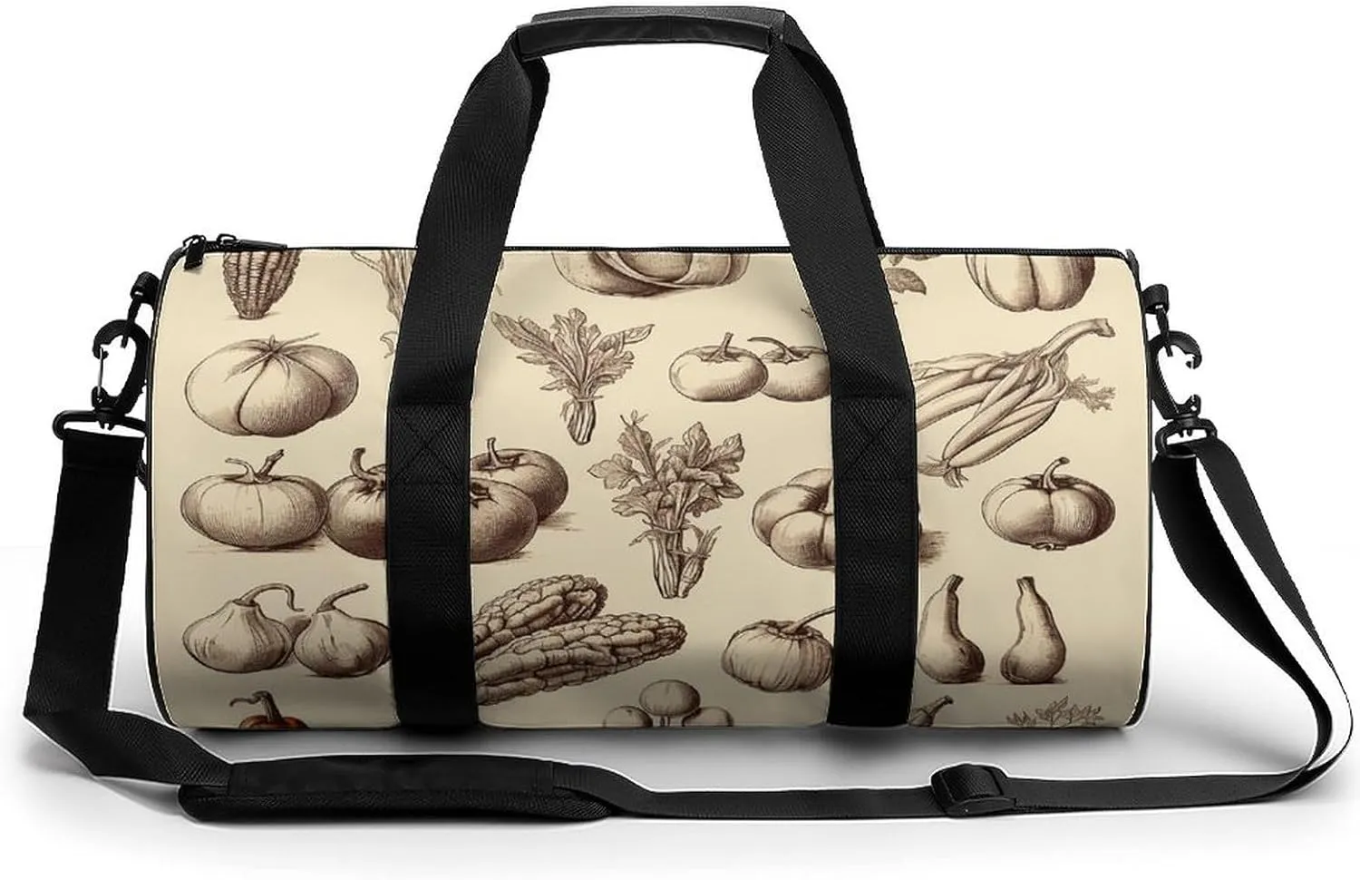 Sports Gym Bag for Men Women Sketch Style Vegetables Travel Gym Bag Cylindrical Workout Bag Lightweight Travel Duffle Bag for Basketball Football Weekender