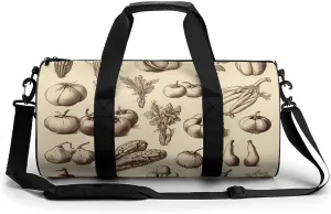 Sports Gym Bag for Men Women Sketch Style Vegetables Travel Gym Bag Cylindrical Workout Bag Lightweight Travel Duffle Bag for Basketball Football Weekender