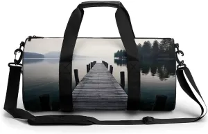 Sports Gym Bag for Men Women Wood Jetty And Calm Lake Travel Gym Bag Cylindrical Workout Bag Lightweight Travel Duffle Bag for Basketball Football Weekender