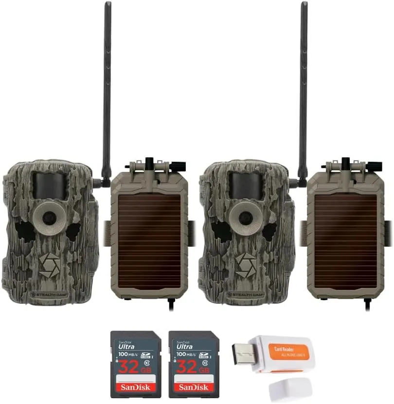 Stealth Cam 36MP Fusion Max Cellular Trail Camera with 80 Feet Detection Range (2-Pack) Bundle with Battery Pack, Solar Panel, and Cable (2-Pack), 32GB Memory Card (2-Pack), and Card Reader (7 Items)