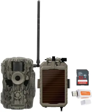 Stealth Cam 36MP Fusion Max Cellular Trail Camera with 80 Feet Detection Range Bundle with Battery Pack, Solar Panel, and Cable, 32GB Memory Card, and Card Reader (4 Items)