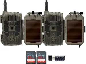 Stealth Cam 40MP Deceptor Max Cellular Trail Camera with 0.4-Second Trigger Speed (2-Pack) Bundle with 5000mAh Solar Battery (2-Pack), Card Reader, and 32GB Memory Card (2-Pack) (6 Items)
