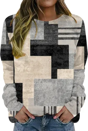 Stylish Patchwork Sweatshirt for Women Standard Fit Long Sleeve Crew Neck Pullover Striped Block Color Lightweight Blouse Top
