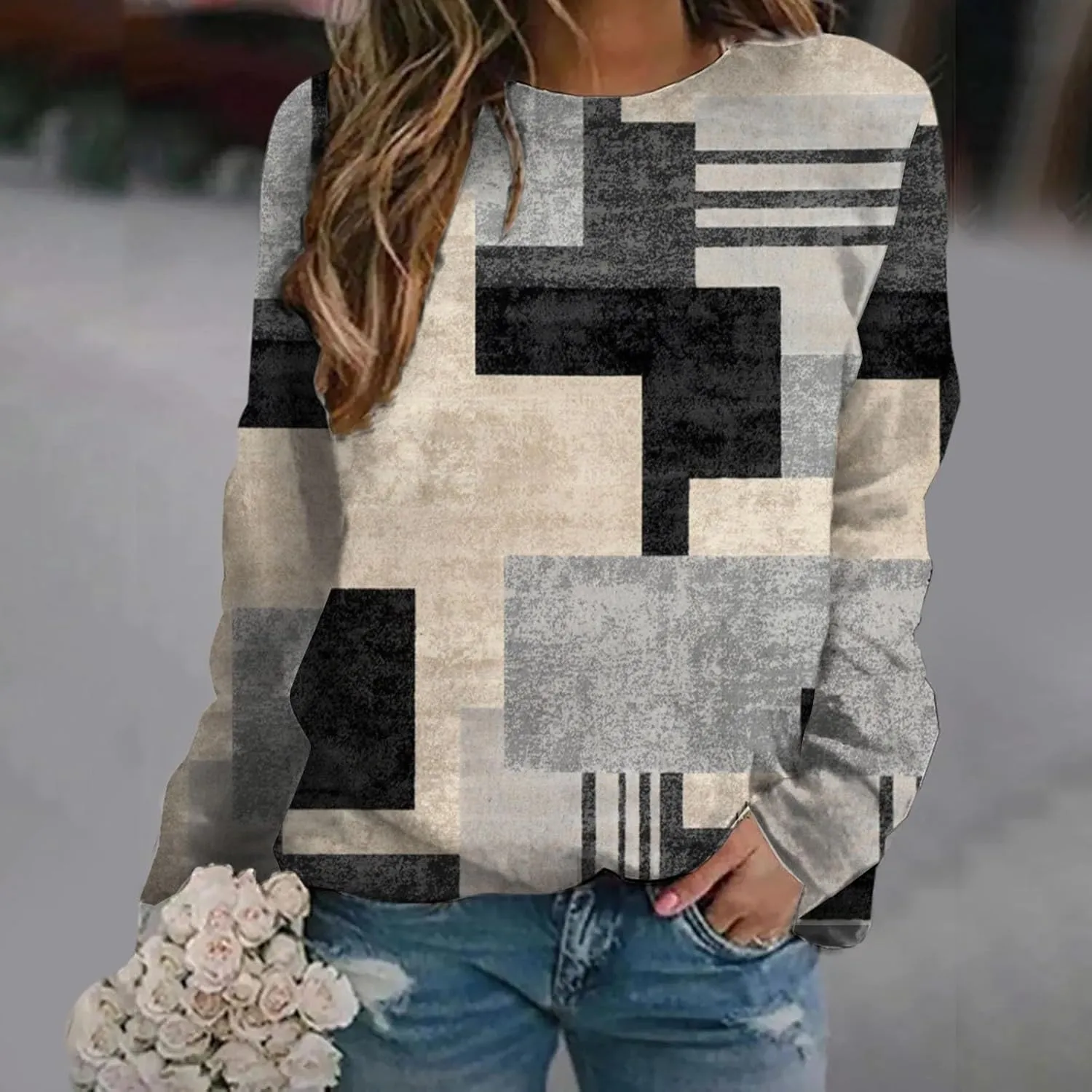 Stylish Patchwork Sweatshirt for Women Standard Fit Long Sleeve Crew Neck Pullover Striped Block Color Lightweight Blouse Top
