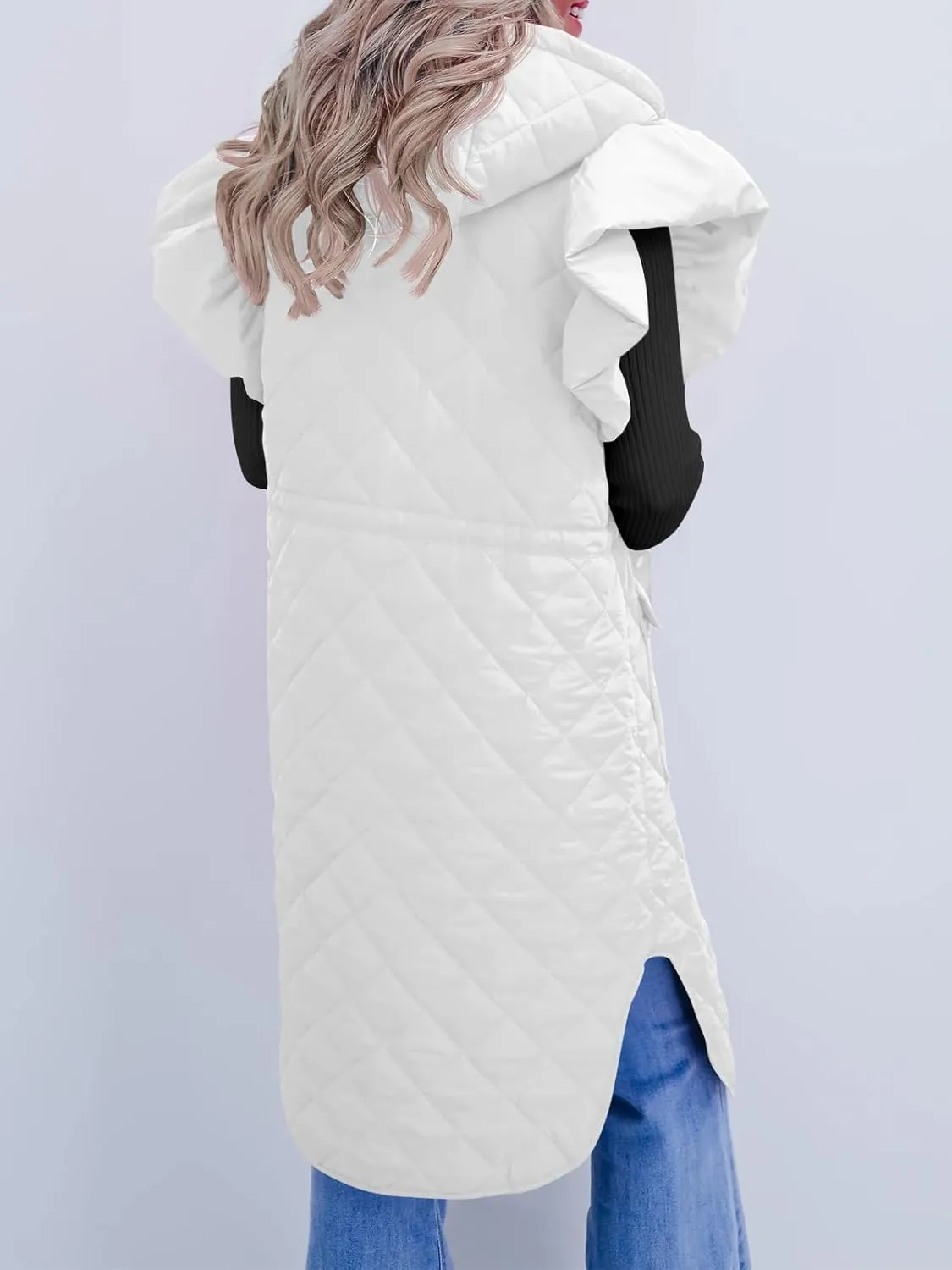 Tankaneo Womens Long Puffer Vests Fashion Ruffle Sleeve Quilted Gilet Coats Winter Hooded Down Jacket Vest