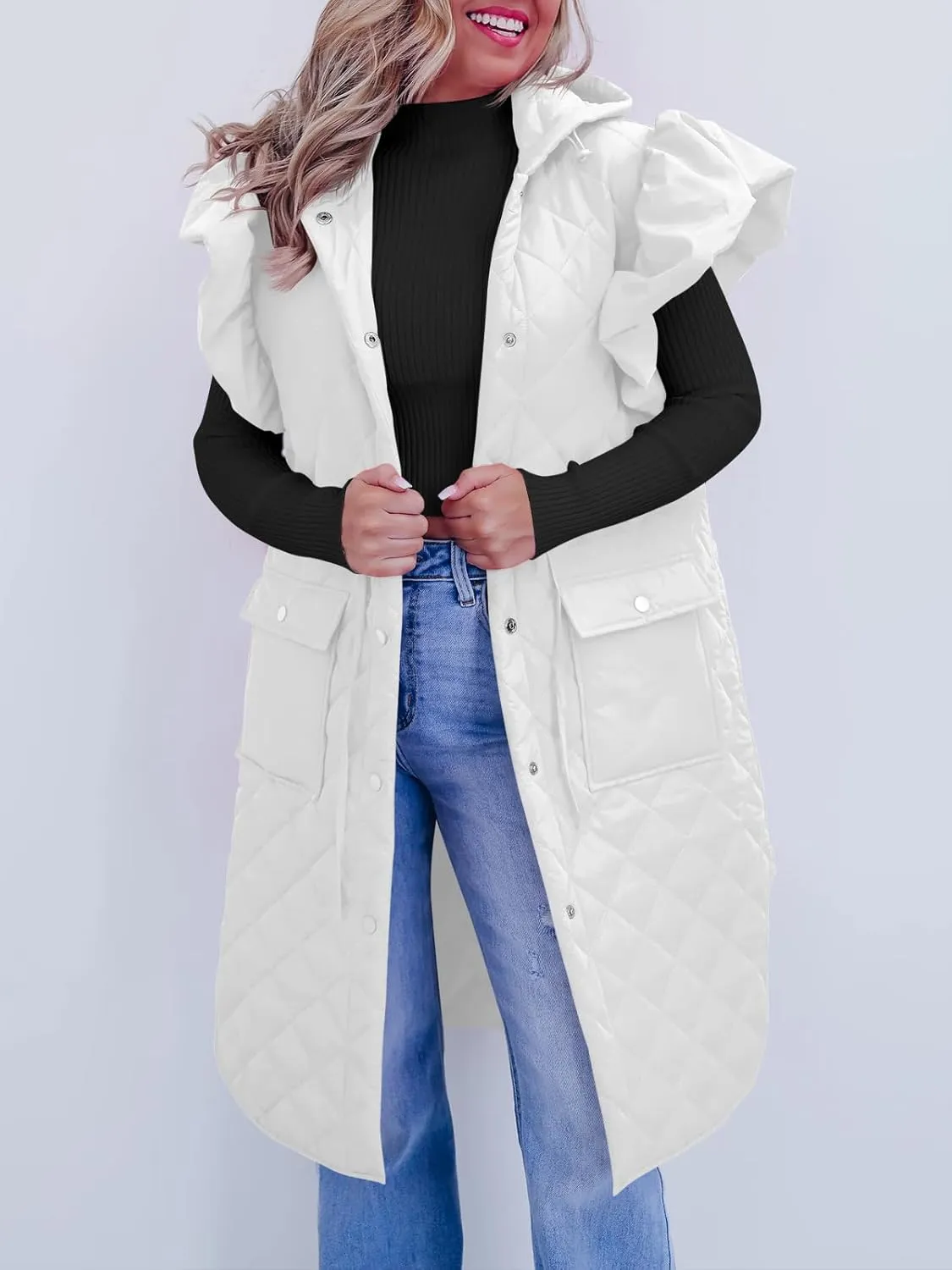 Tankaneo Womens Long Puffer Vests Fashion Ruffle Sleeve Quilted Gilet Coats Winter Hooded Down Jacket Vest